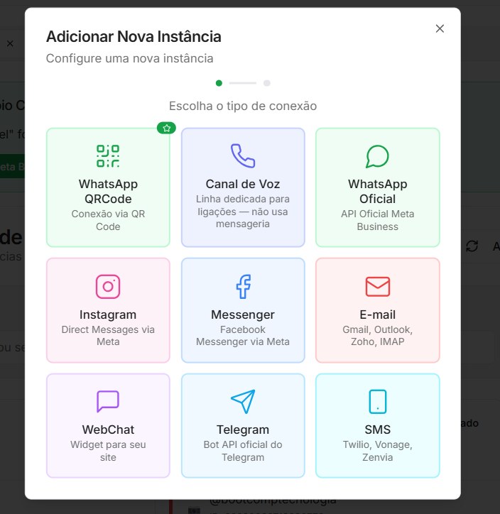 Tela de adição de uma nova instância, com WhatsApp, Voz, Instagram, Messenger, E-mail, Webchat, Telegram e SMS