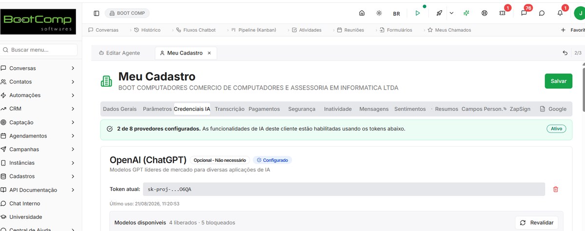 Provedores de LLM disponíveis para os agentes de IA